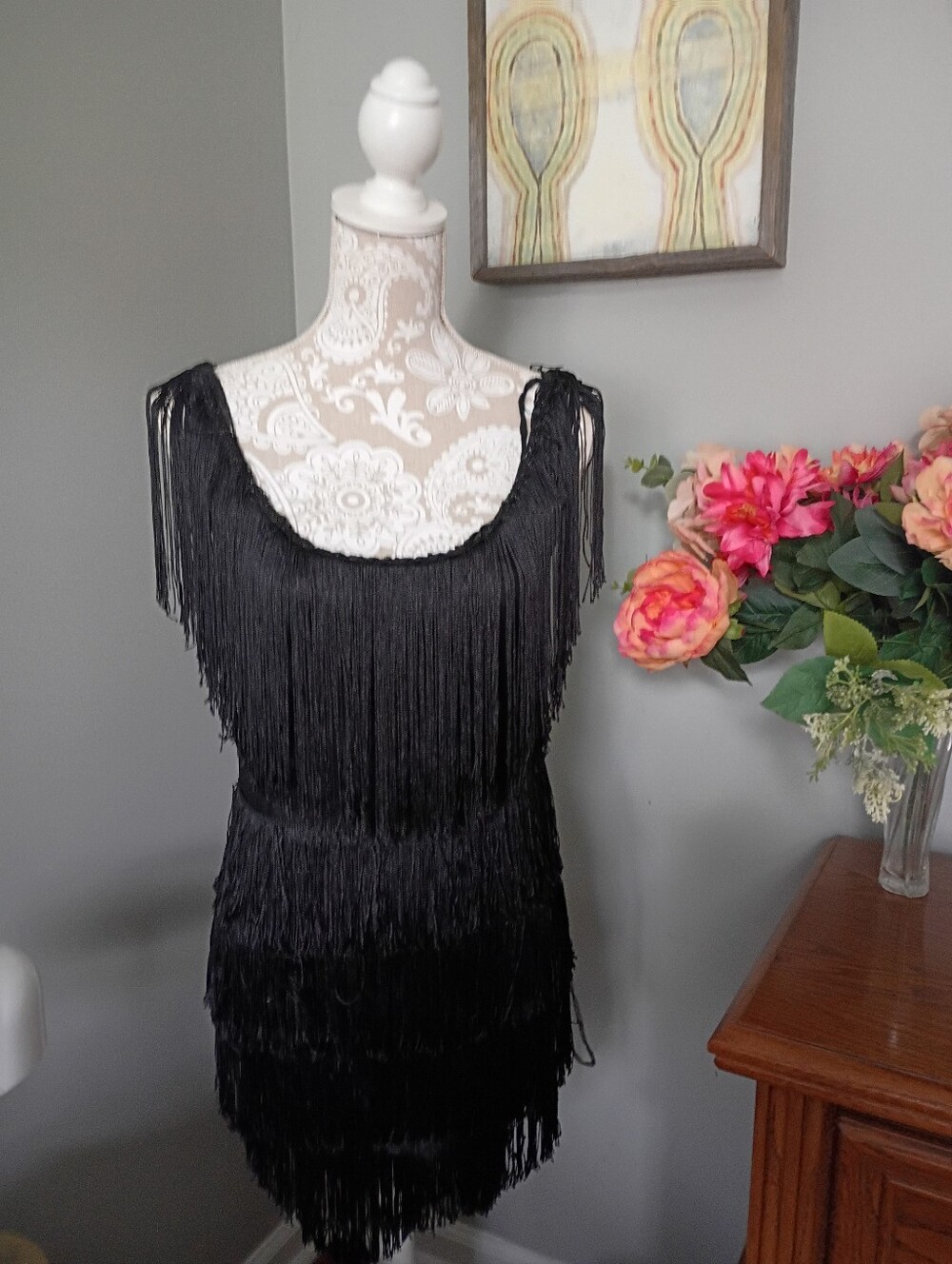 California Costume Black Fringe FLAPPER Dress Sz S/Petite